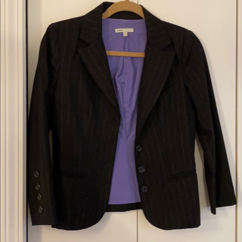Vince Black Pinstripe Blazer with Purple Lining